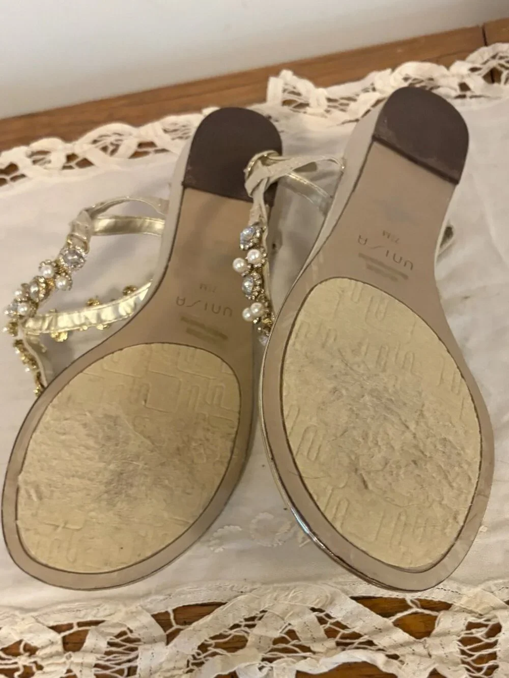 Unisa Women's Size 7.5 Sling Back Beaded Sandal. Gold with Crystal and Pearl.